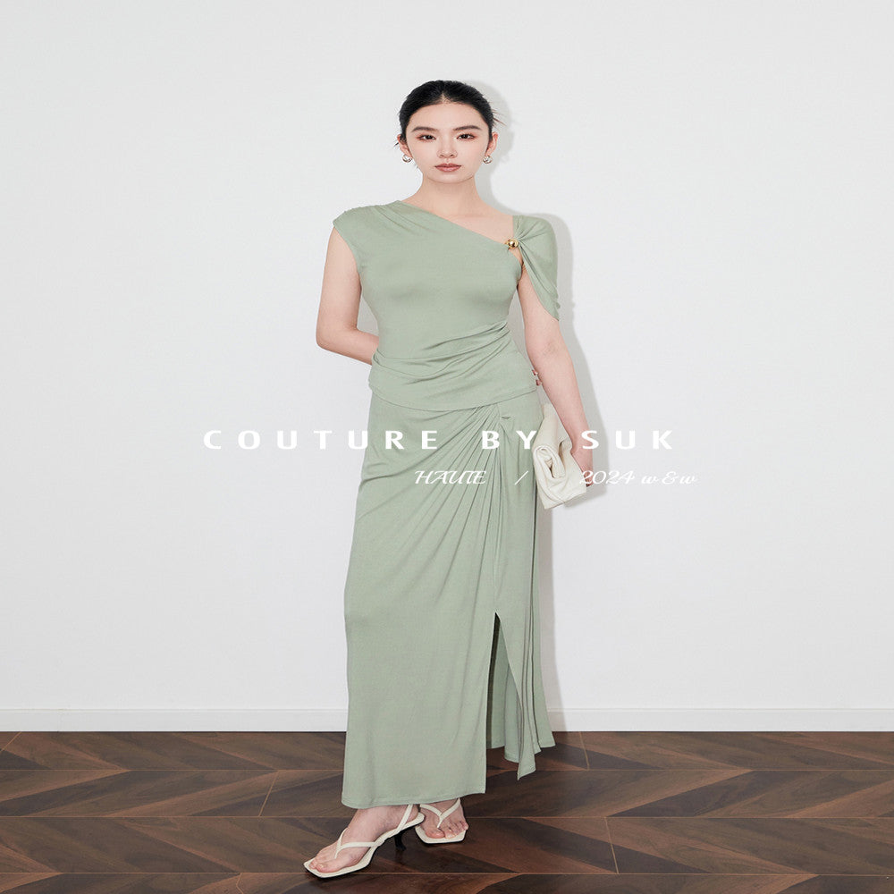SUK Classic Romance Asymmetrical Off shoulder Dress Waist Pleated Slim Fit Knit Stretch Skirt Summer image 0