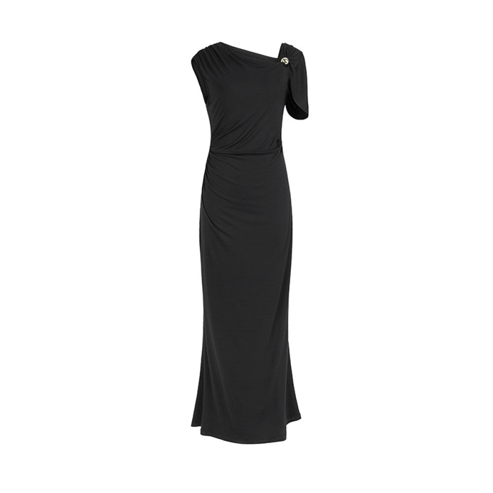 SUK Classic Romance Asymmetrical Off shoulder Dress Waist Pleated Slim Fit Knit Stretch Skirt Summer image 12