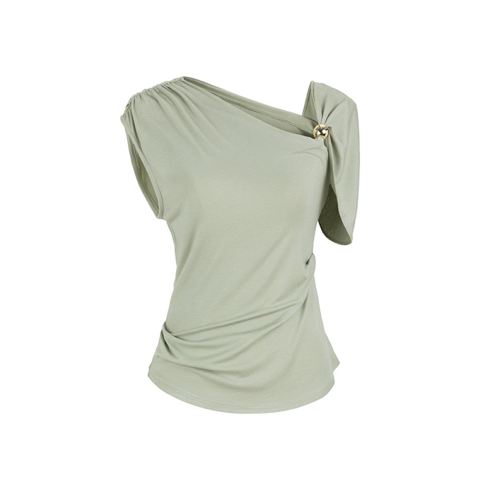 ASAYA3527 Asymmetric Off-shoulder Neck Top and Slim Fit Knitted Stretch Skirt (2 Colors)