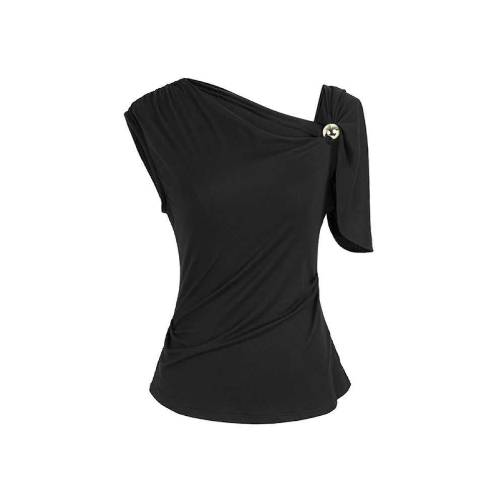 SUK Classic Romance Asymmetrical Off shoulder Dress Waist Pleated Slim Fit Knit Stretch Skirt Summer image 25