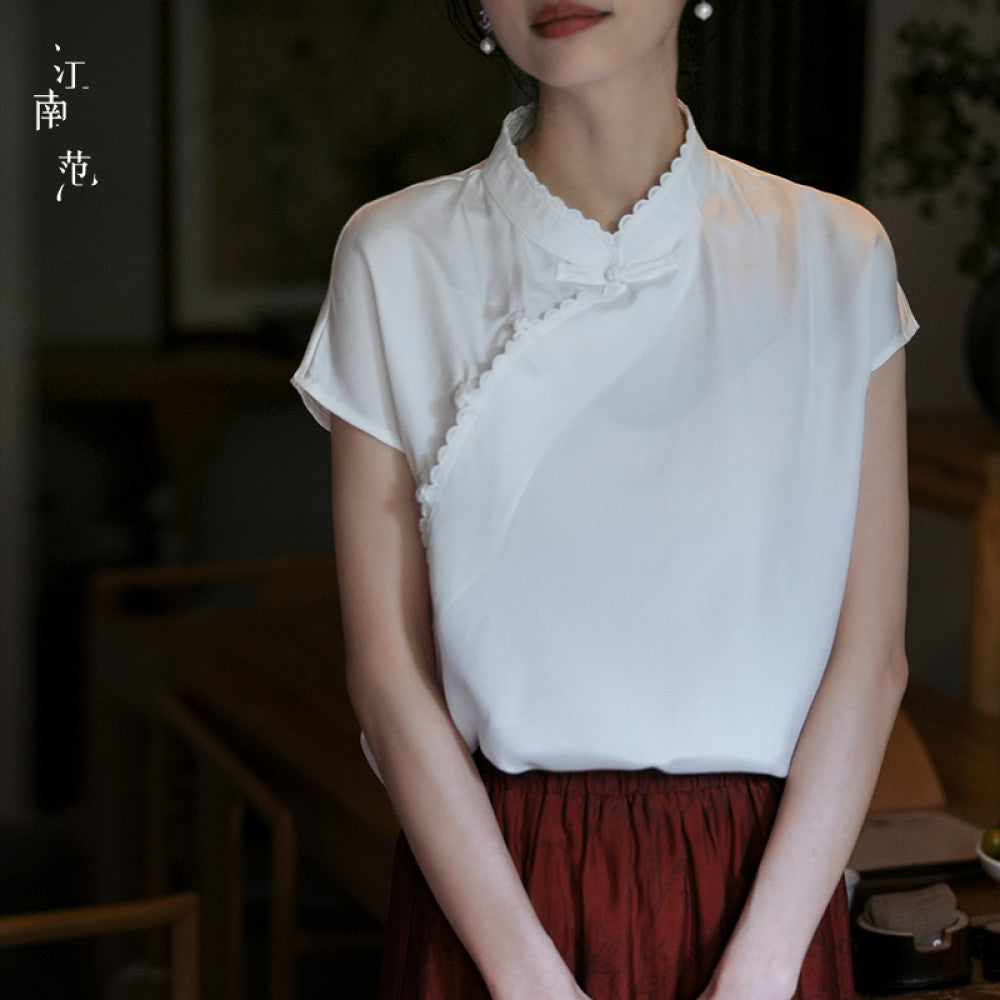 Jiangnan style new improved white short sleeved cheongsam top 2024 summer temperament all match Chinese tea dress blouse image 6