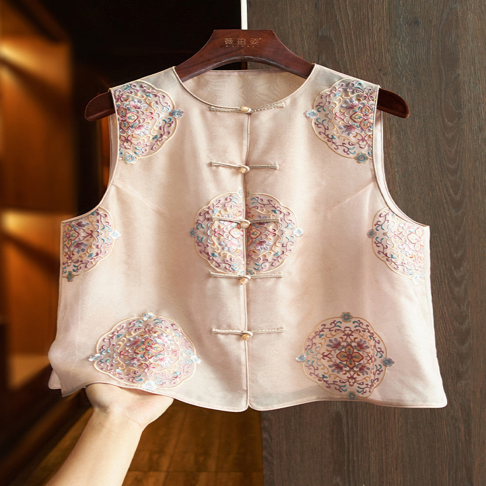 Pink high end silk new Chinese style vest for women in summer thin design heavy embroidery mulberry silk buckle top image 1