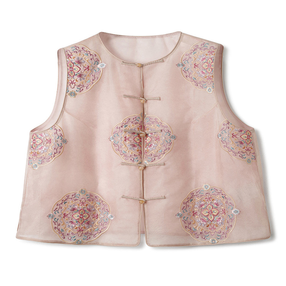 Pink high end silk new Chinese style vest for women in summer thin design heavy embroidery mulberry silk buckle top image 5