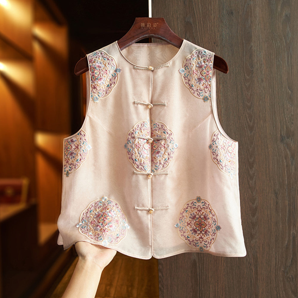 Pink high end silk new Chinese style vest for women in summer thin design heavy embroidery mulberry silk buckle top image 10