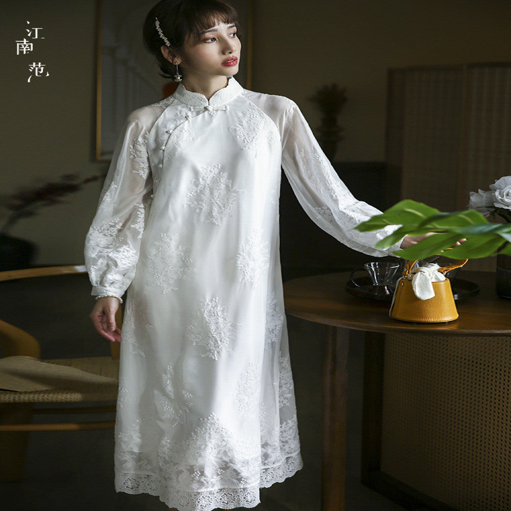 Jiangnan Fanxin Chinese style white full open front improved cheongsam certification light wedding dress lace retro tea suit dress spring image 1