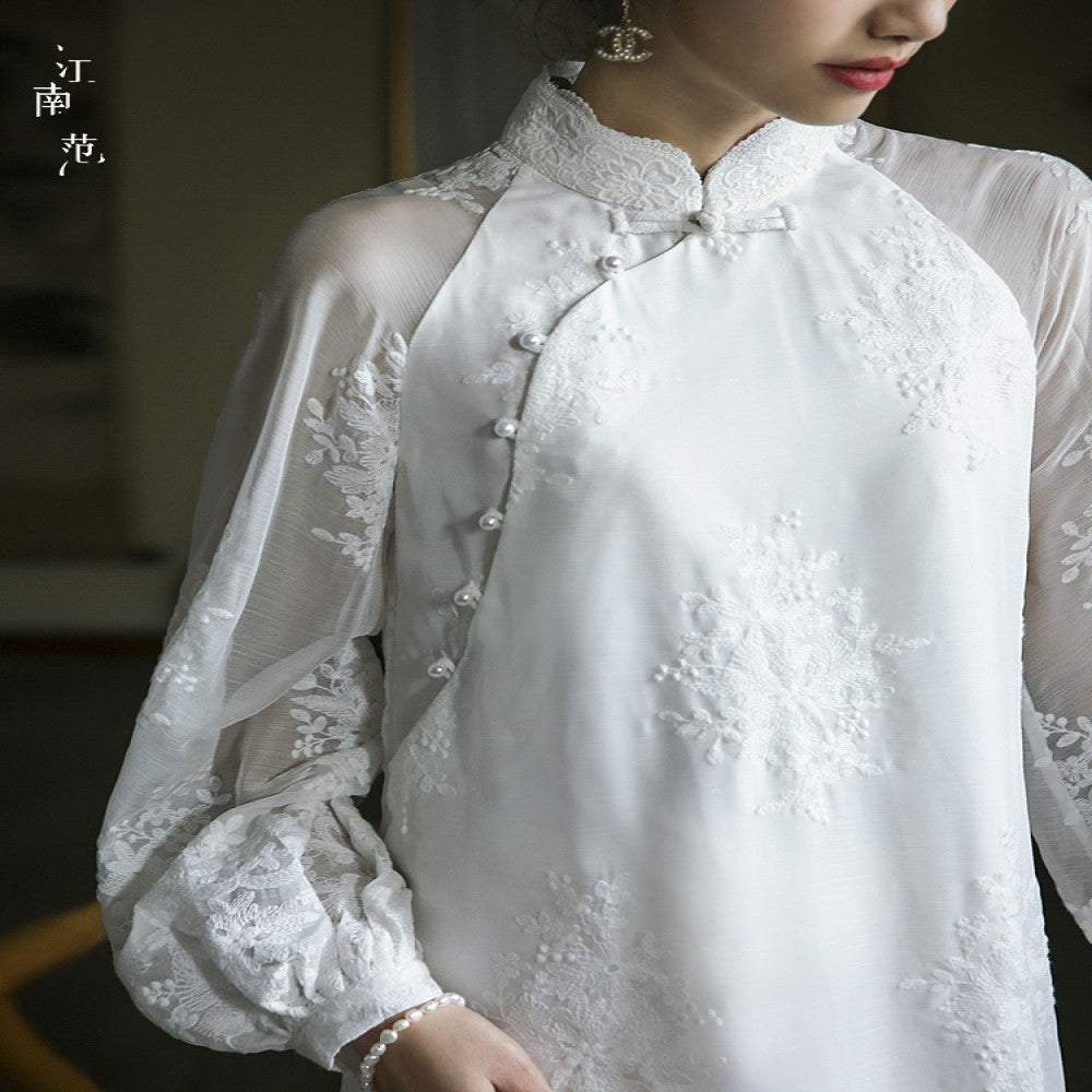 Jiangnan Fanxin Chinese style white full open front improved cheongsam certification light wedding dress lace retro tea suit dress spring image 2