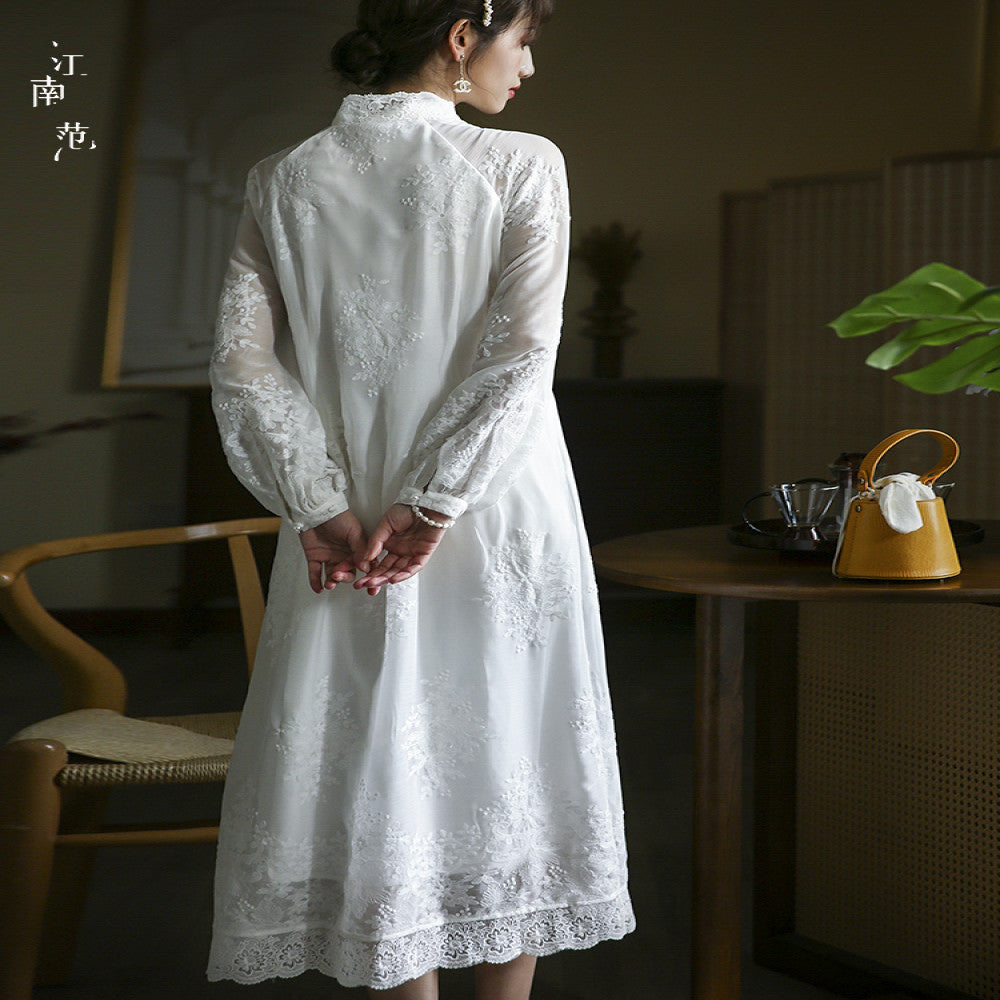 Jiangnan Fanxin Chinese style white full open front improved cheongsam certification light wedding dress lace retro tea suit dress spring image 3
