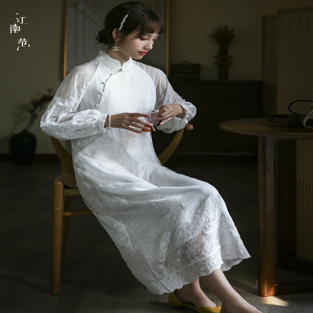 Jiangnan Fanxin Chinese style white full open front improved cheongsam certification light wedding dress lace retro tea suit dress spring image 5