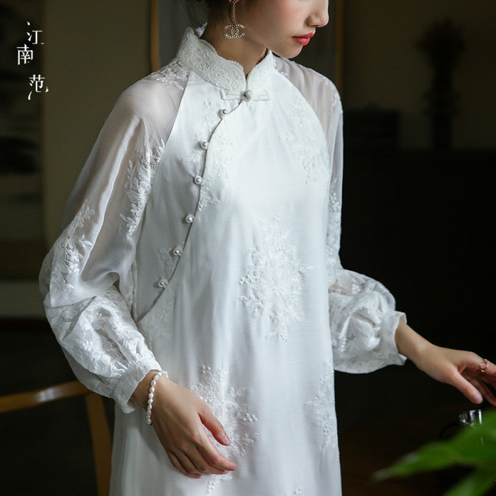 Jiangnan Fanxin Chinese style white full open front improved cheongsam certification light wedding dress lace retro tea suit dress spring image 7