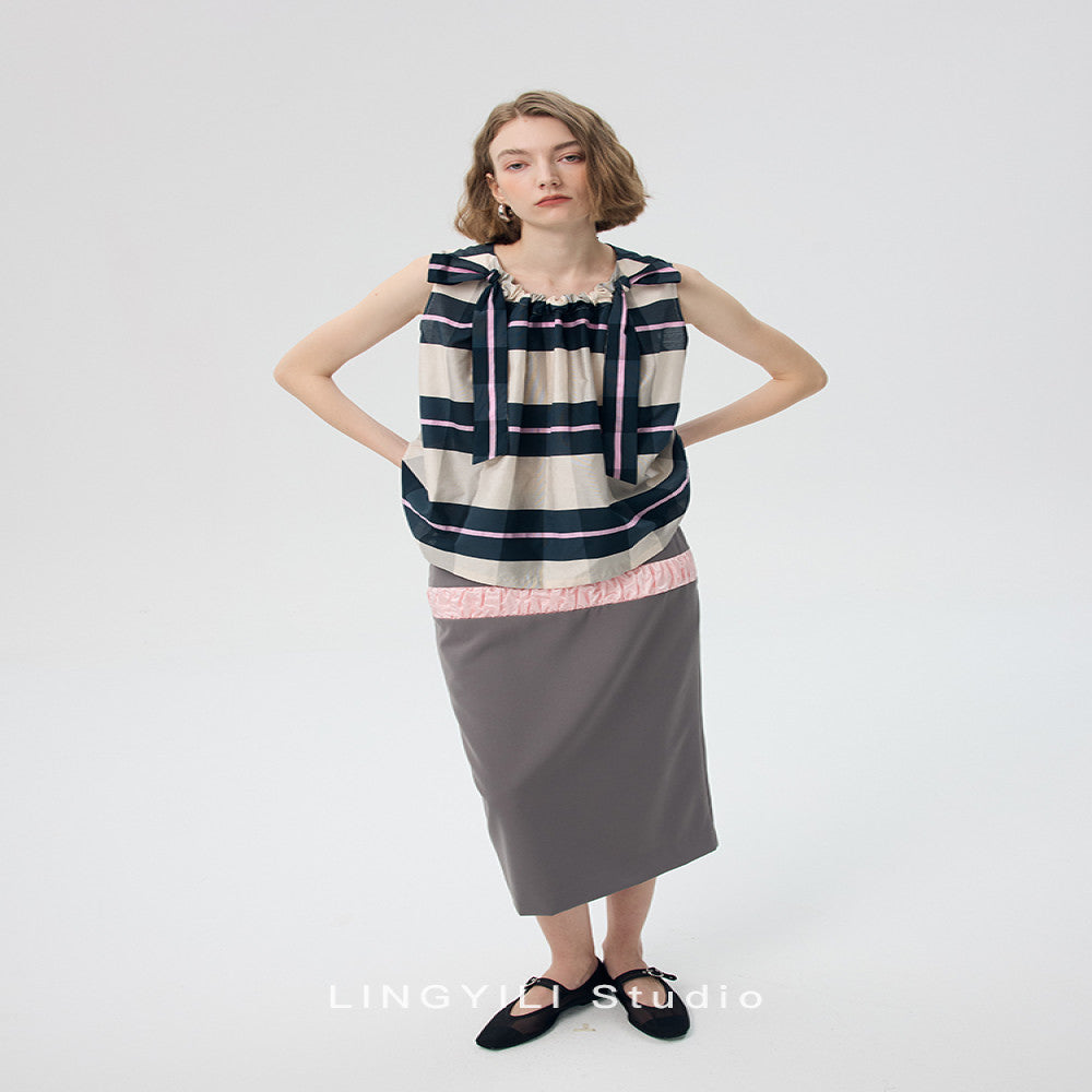 LINGYLI Summer Series Madras plaid cotton polyester yarn dyed sleeveless top pleated umbrella skirt set image 2