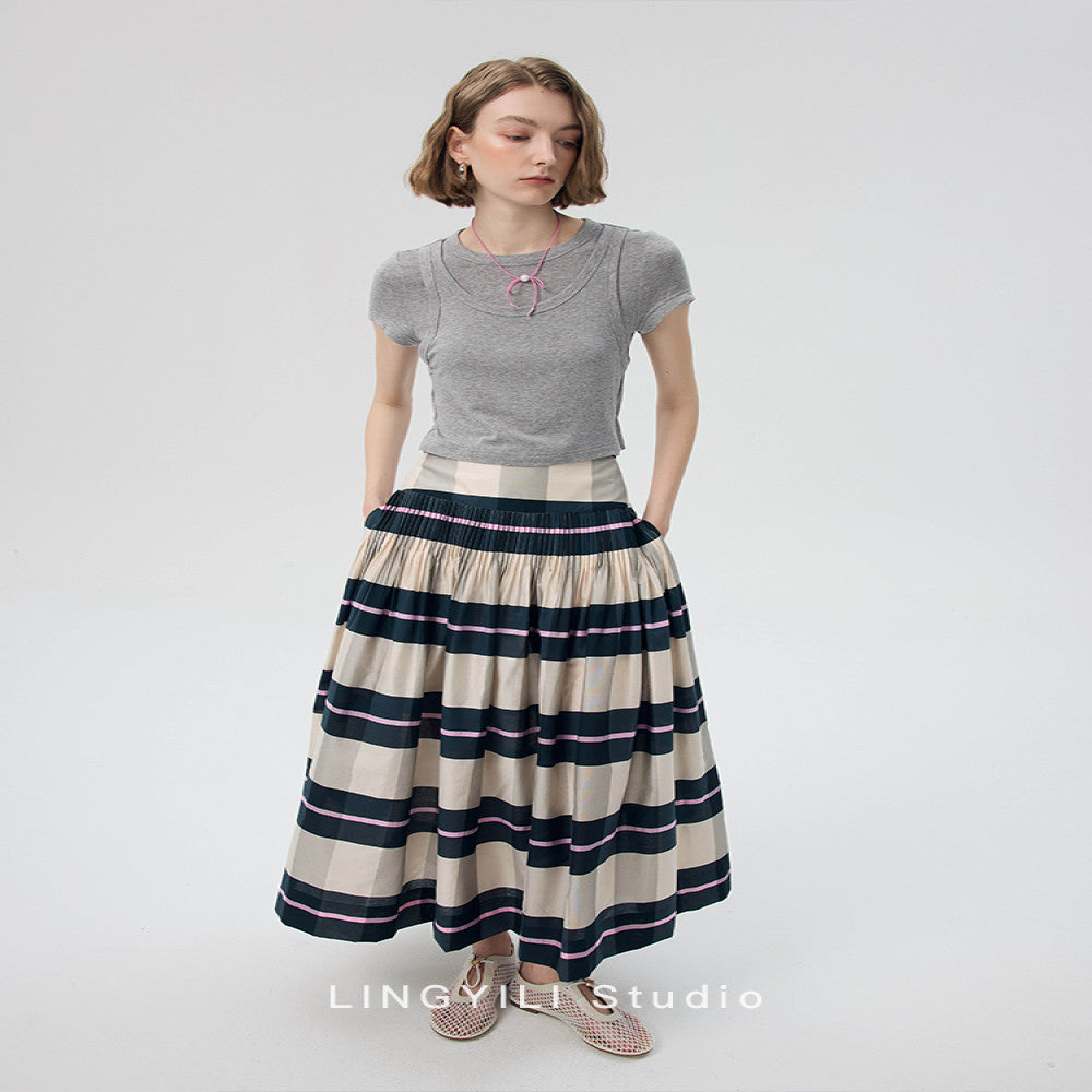 LINGYLI Summer Series Madras plaid cotton polyester yarn dyed sleeveless top pleated umbrella skirt set image 3