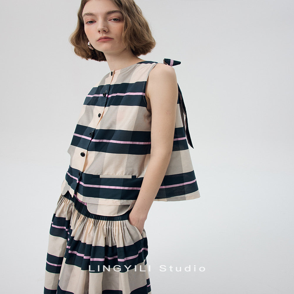 LINGYLI Summer Series Madras plaid cotton polyester yarn dyed sleeveless top pleated umbrella skirt set image 4
