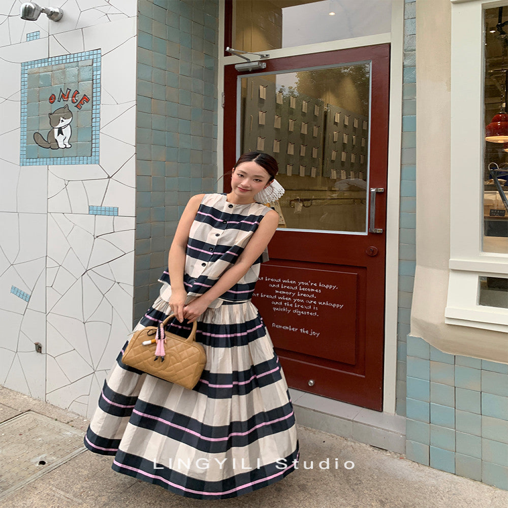 LINGYLI Summer Series Madras plaid cotton polyester yarn dyed sleeveless top pleated umbrella skirt set image 5