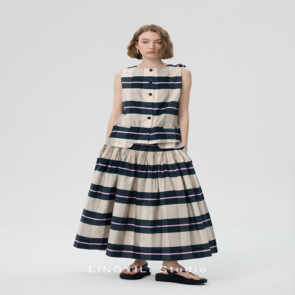 LINGYLI Summer Series Madras plaid cotton polyester yarn dyed sleeveless top pleated umbrella skirt set image 0
