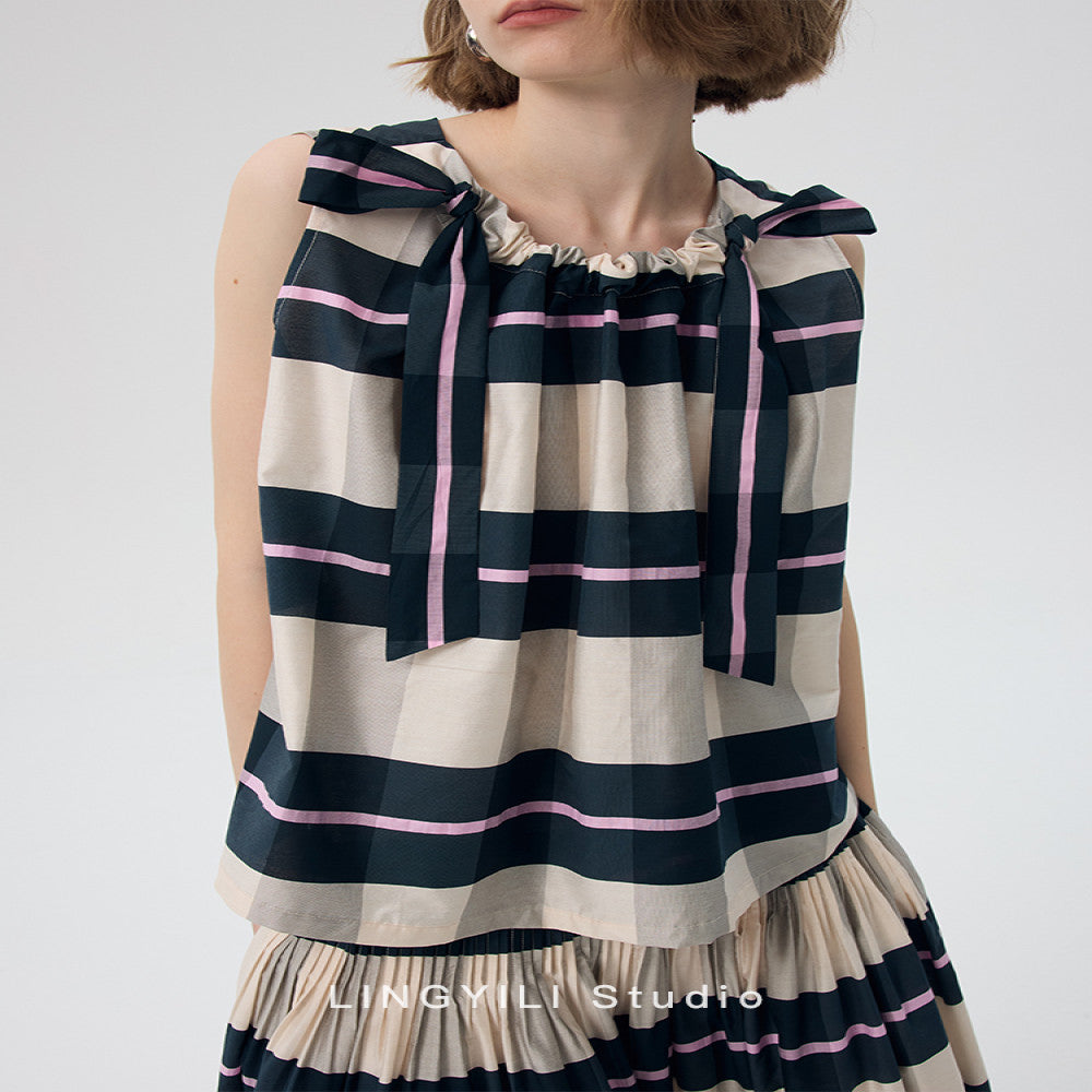 LINGYLI Summer Series Madras plaid cotton polyester yarn dyed sleeveless top pleated umbrella skirt set image 6