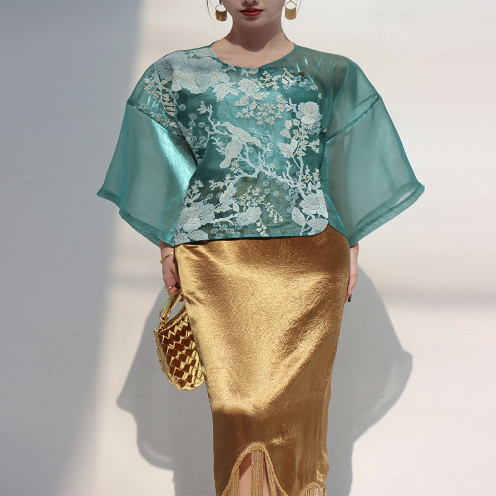 Chengyu Gaoding Tianshui Jinpei New Chinese Embroidery Organza Top Acetate Tassel Half Skirt Set image 2