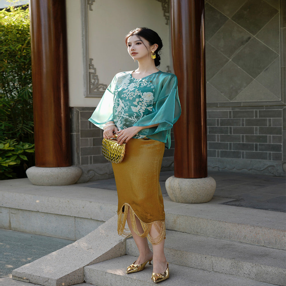 Chengyu Gaoding Tianshui Jinpei New Chinese Embroidery Organza Top Acetate Tassel Half Skirt Set image 3