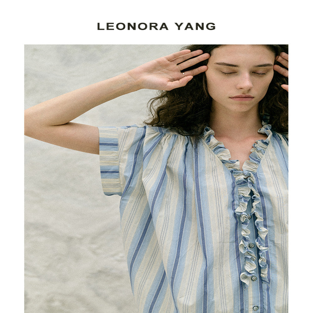 LEONORA YANG original niche long staple cotton dropped shoulder sleeves wood ear design striped shirt women s summer image 2