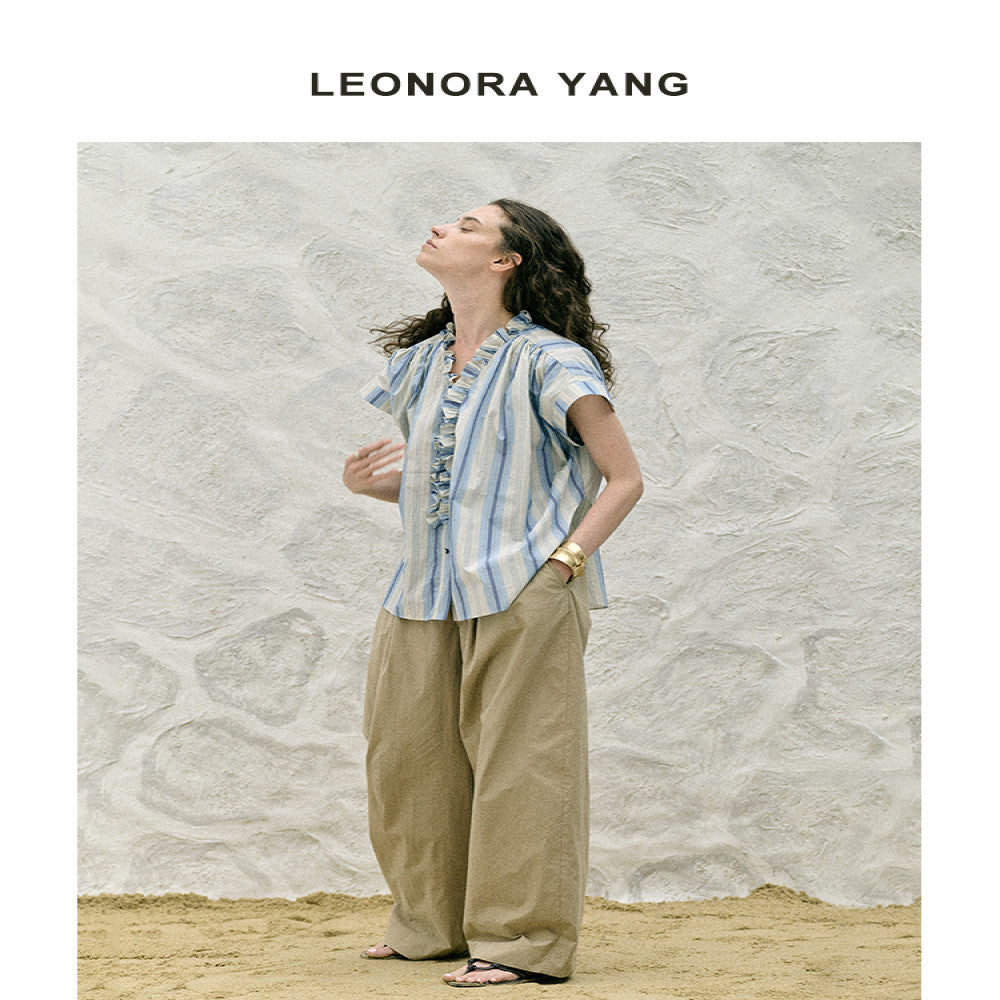 LEONORA YANG original niche long staple cotton dropped shoulder sleeves wood ear design striped shirt women s summer image 3