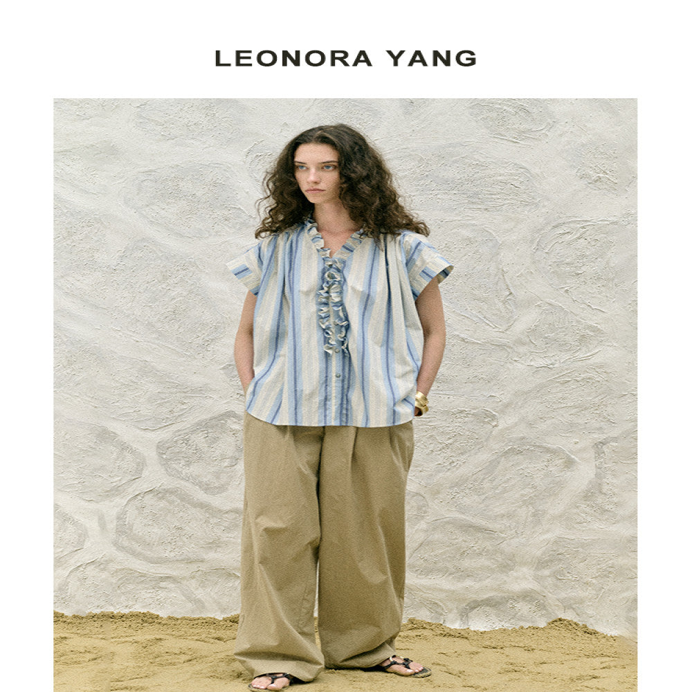 LEONORA YANG original niche long staple cotton dropped shoulder sleeves wood ear design striped shirt women s summer image 4
