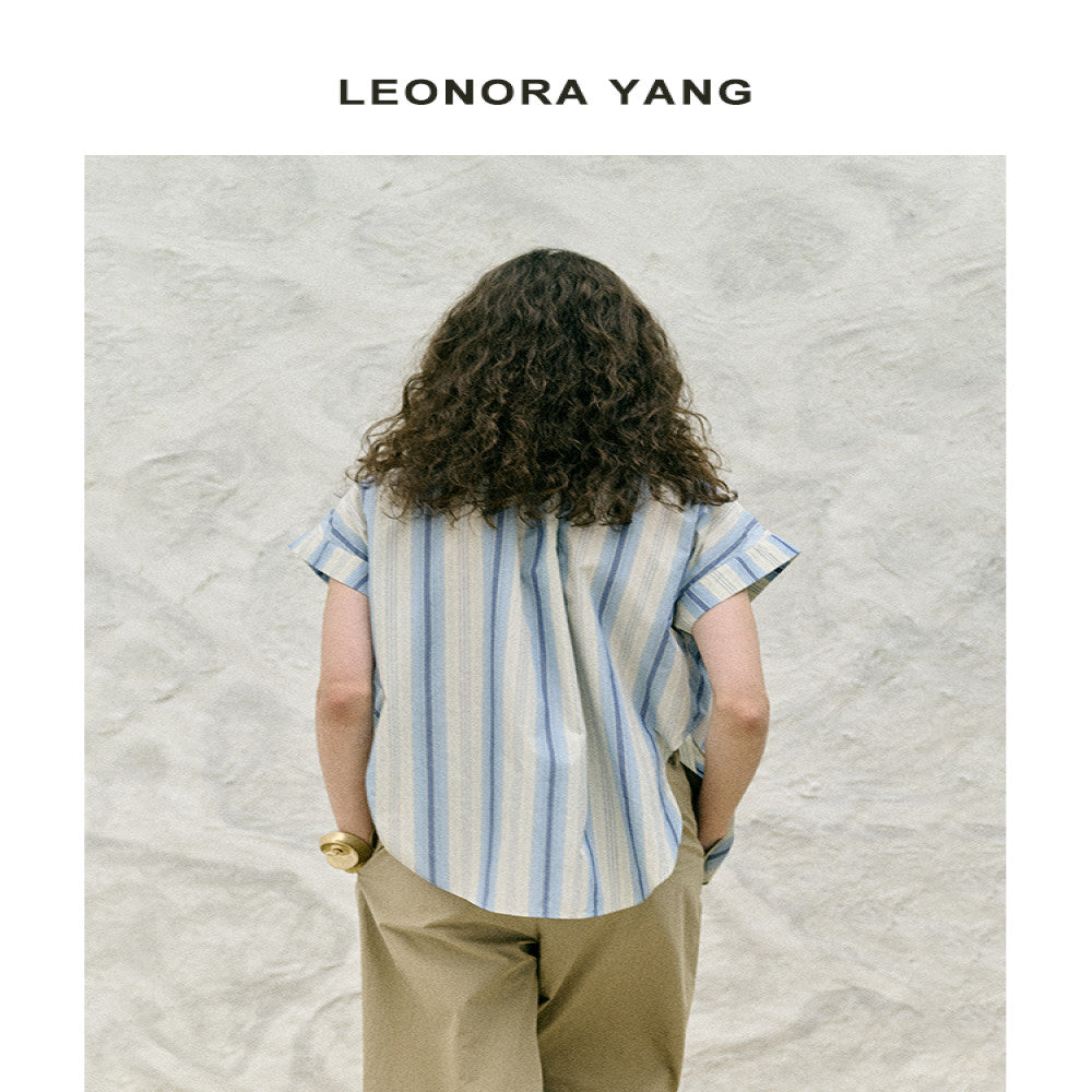 LEONORA YANG original niche long staple cotton dropped shoulder sleeves wood ear design striped shirt women s summer image 5