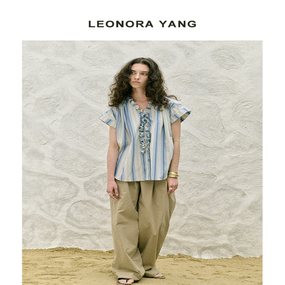 LEONORA YANG original niche long staple cotton dropped shoulder sleeves wood ear design striped shirt women s summer image 16