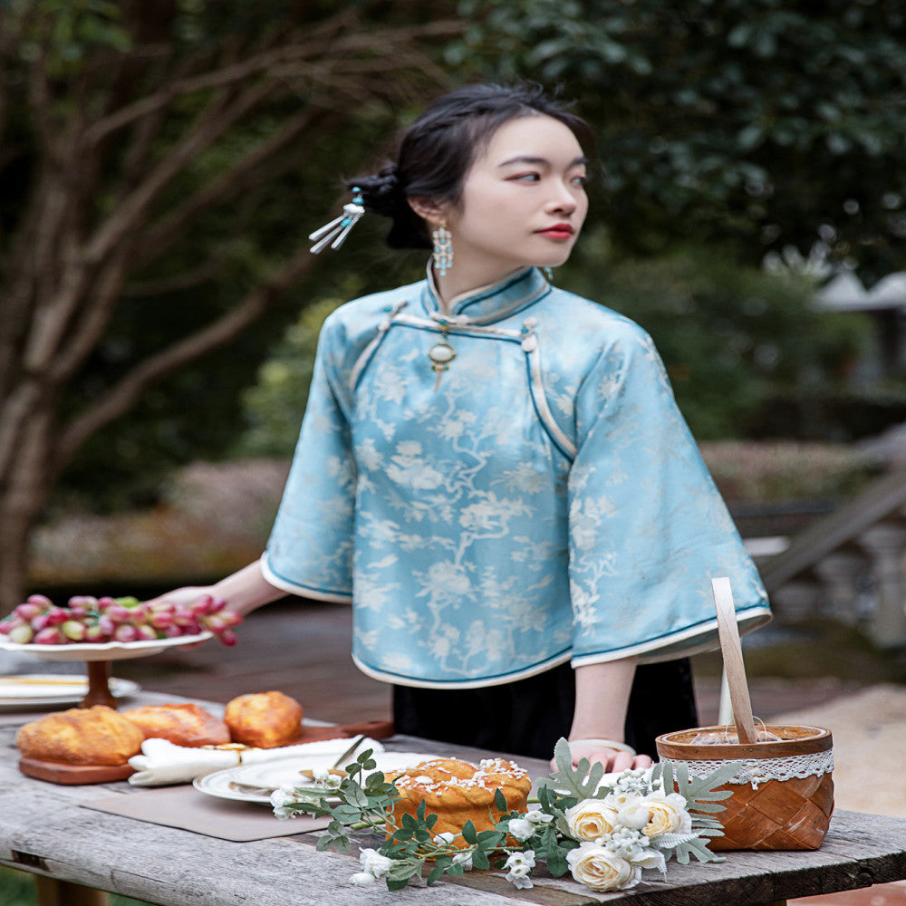 Yubing Qu Fu Xia New Chinese style Republic of China style Top Cheongsam Buckle Retro One piece Inverted Large Sleeve High end Style image 1