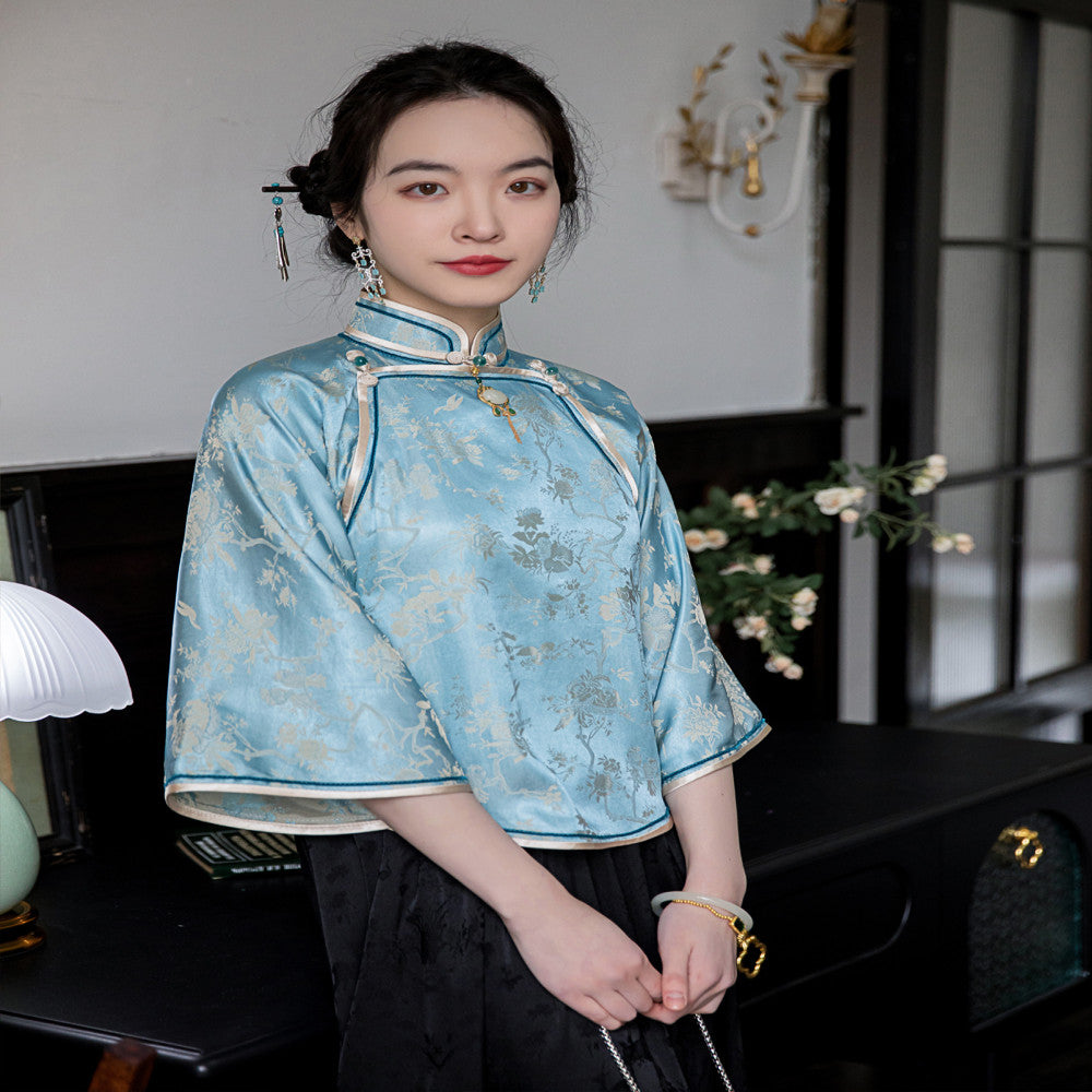 Yubing Qu Fu Xia New Chinese style Republic of China style Top Cheongsam Buckle Retro One piece Inverted Large Sleeve High end Style image 2