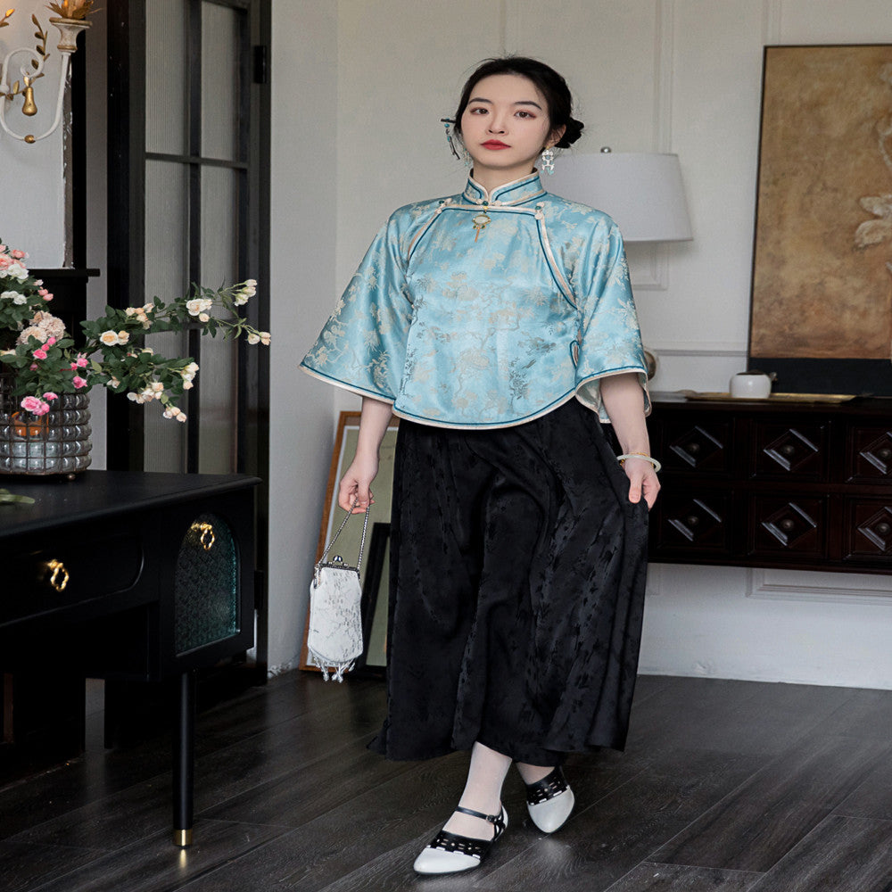 Yubing Qu Fu Xia New Chinese style Republic of China style Top Cheongsam Buckle Retro One piece Inverted Large Sleeve High end Style image 3
