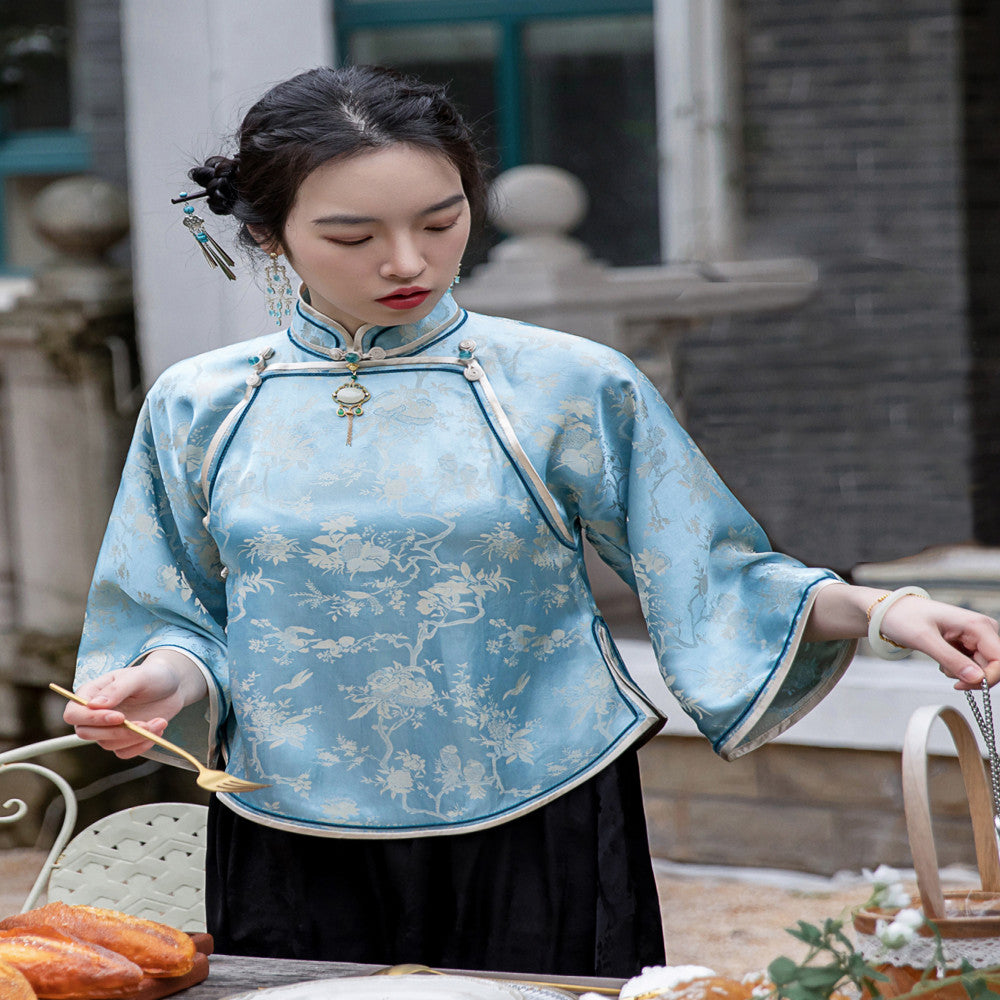 Yubing Qu Fu Xia New Chinese style Republic of China style Top Cheongsam Buckle Retro One piece Inverted Large Sleeve High end Style image 4