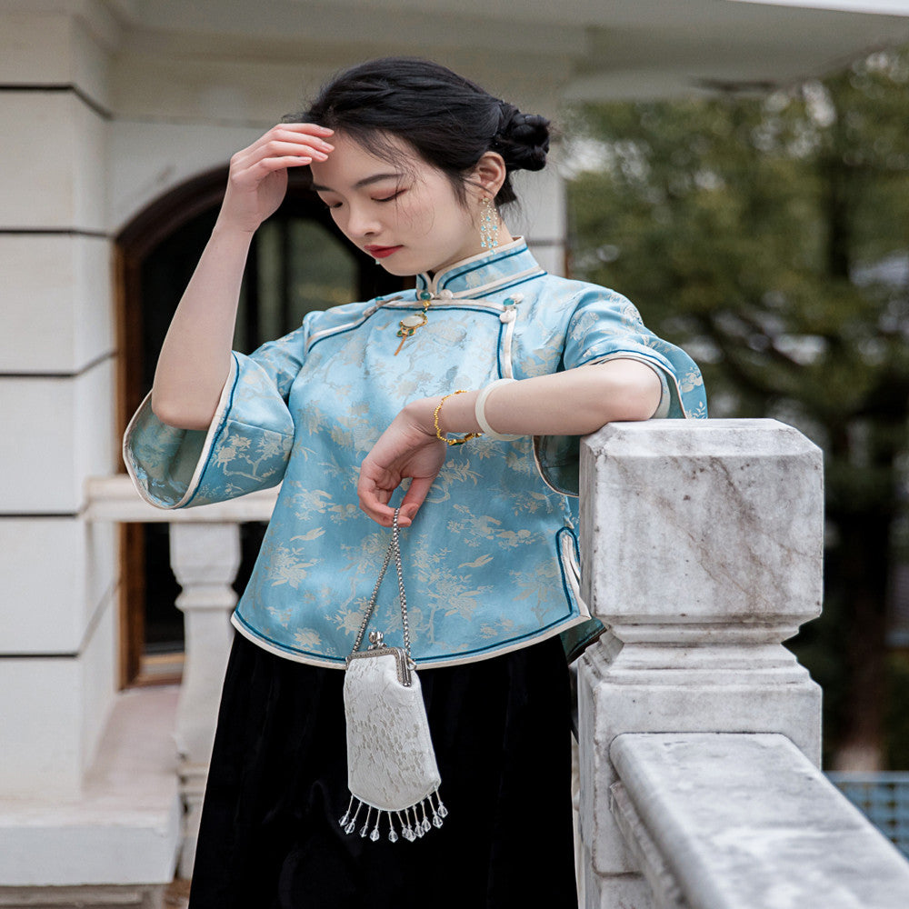 Yubing Qu Fu Xia New Chinese style Republic of China style Top Cheongsam Buckle Retro One piece Inverted Large Sleeve High end Style image 5