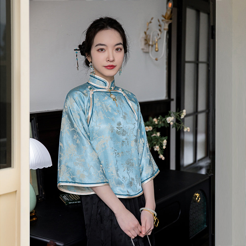 Yubing Qu Fu Xia New Chinese style Republic of China style Top Cheongsam Buckle Retro One piece Inverted Large Sleeve High end Style image 12