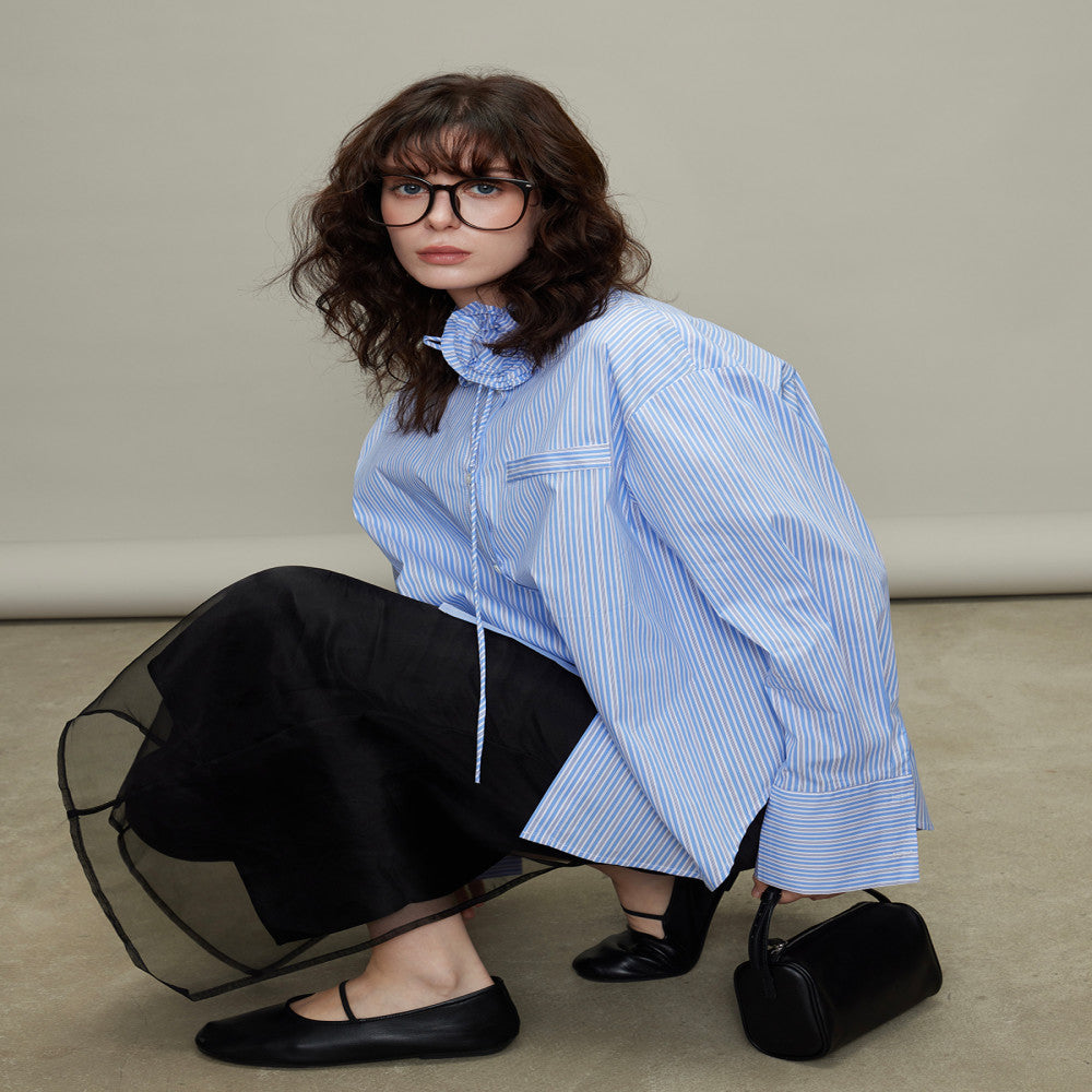 3ONE2025 autumn design sense niche rose stripe loose shirt miu style silhouette sun protection top for women image 1