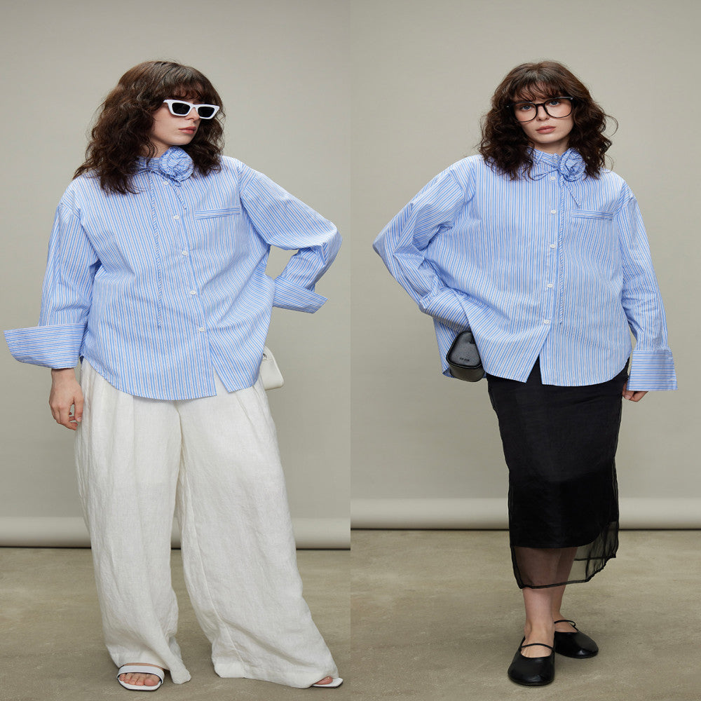 3ONE2025 autumn design sense niche rose stripe loose shirt miu style silhouette sun protection top for women image 3