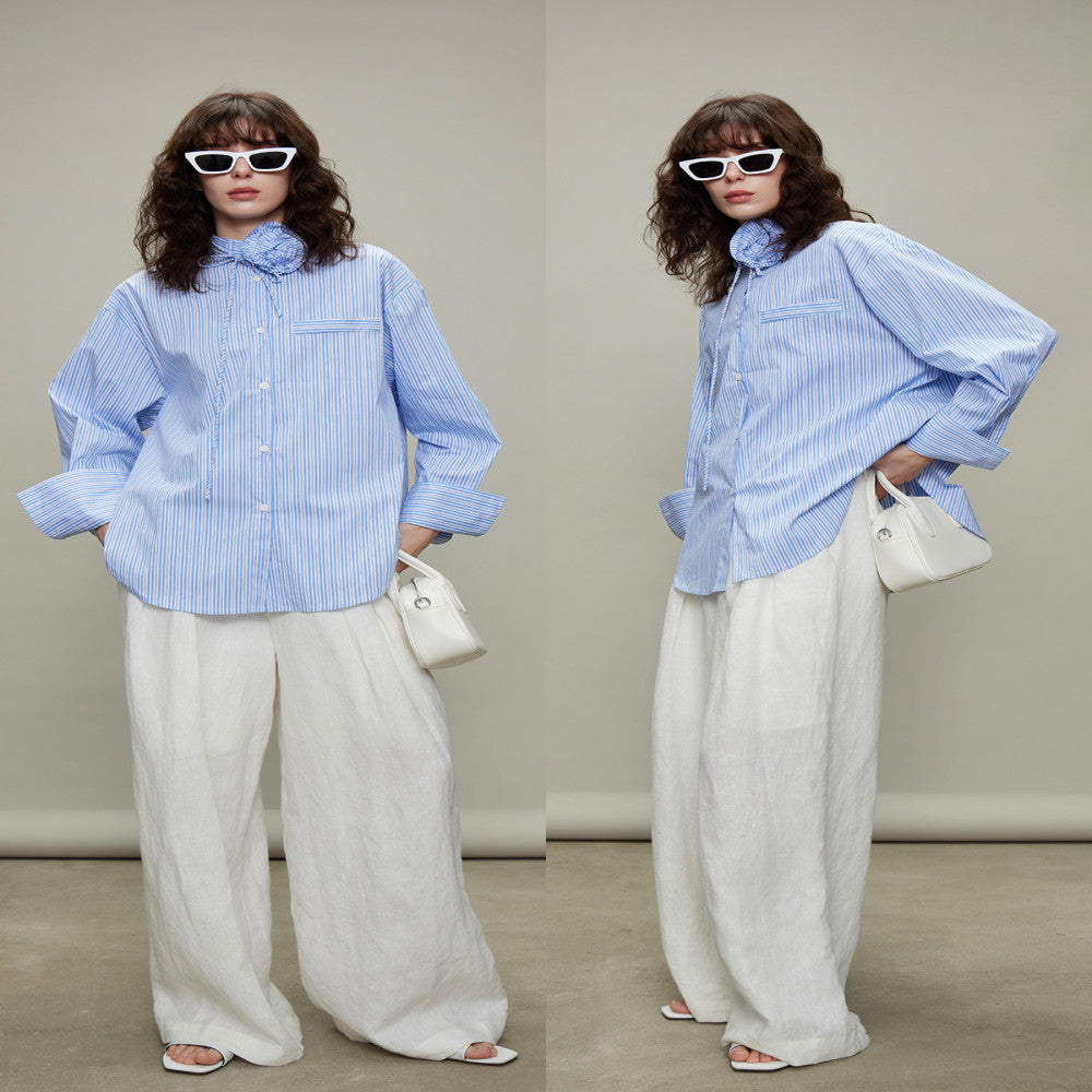 3ONE2025 autumn design sense niche rose stripe loose shirt miu style silhouette sun protection top for women image 4