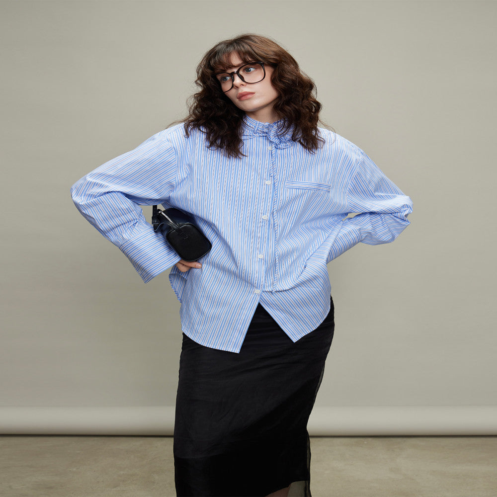 3ONE2025 autumn design sense niche rose stripe loose shirt miu style silhouette sun protection top for women image 9