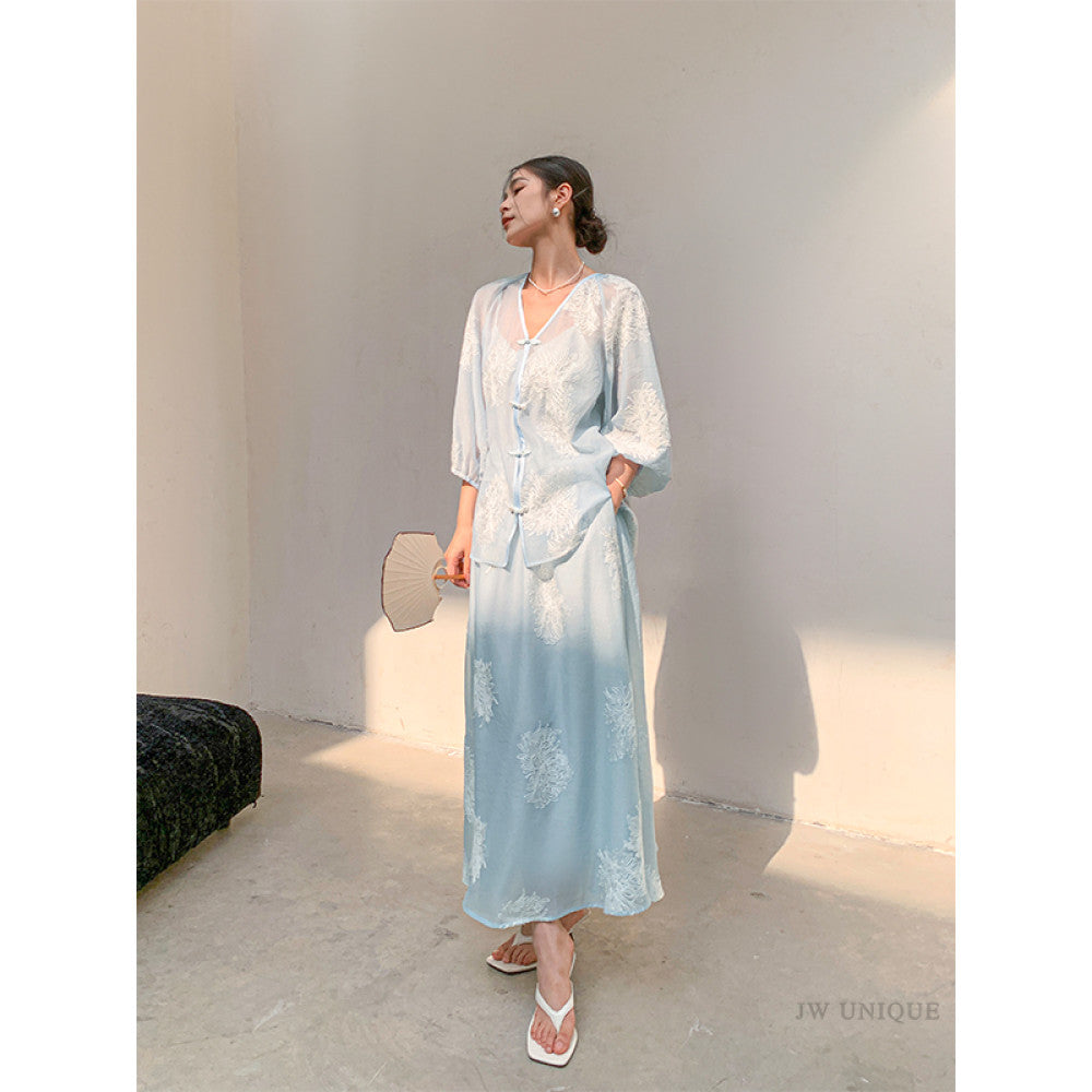 JWUNIQUE dimple blue new Chinese style two piece suit women s autumn 2025 shirt top skirt shorts image 27