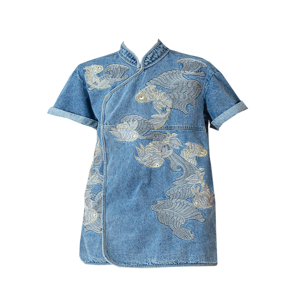 Retro Chinese style buttoned cheongsam everyday women s design niche fashionable new Chinese style carp embroidered denim dress image 5