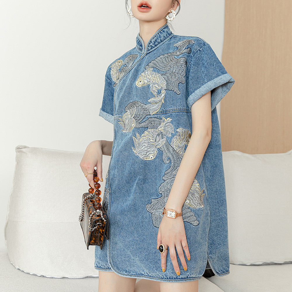 Retro Chinese style buttoned cheongsam everyday women s design niche fashionable new Chinese style carp embroidered denim dress image 10
