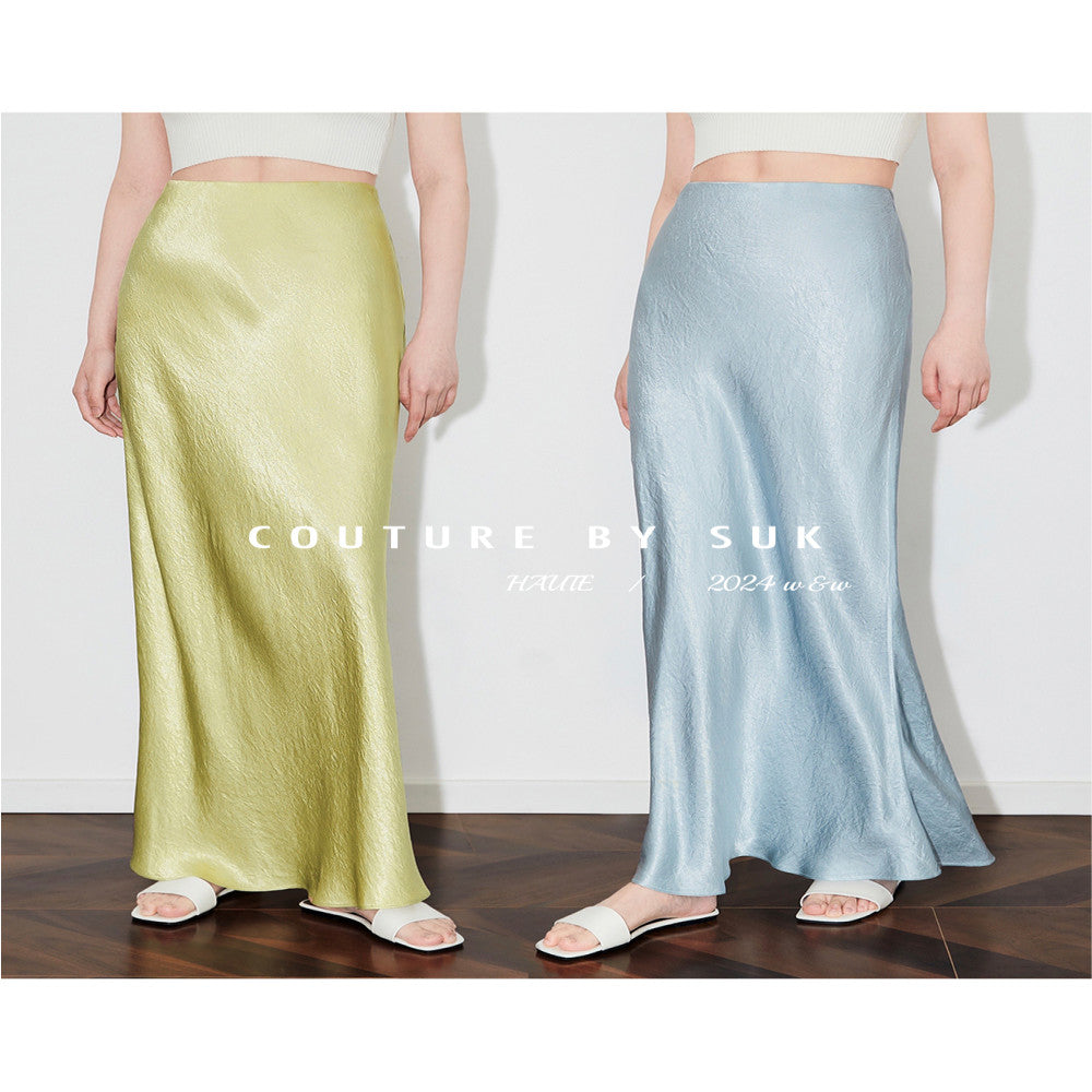 SUK protagonist halo Acetate satin midi skirt for women in summer 2025 new high waist slimming and hip hugging long skirt image 0