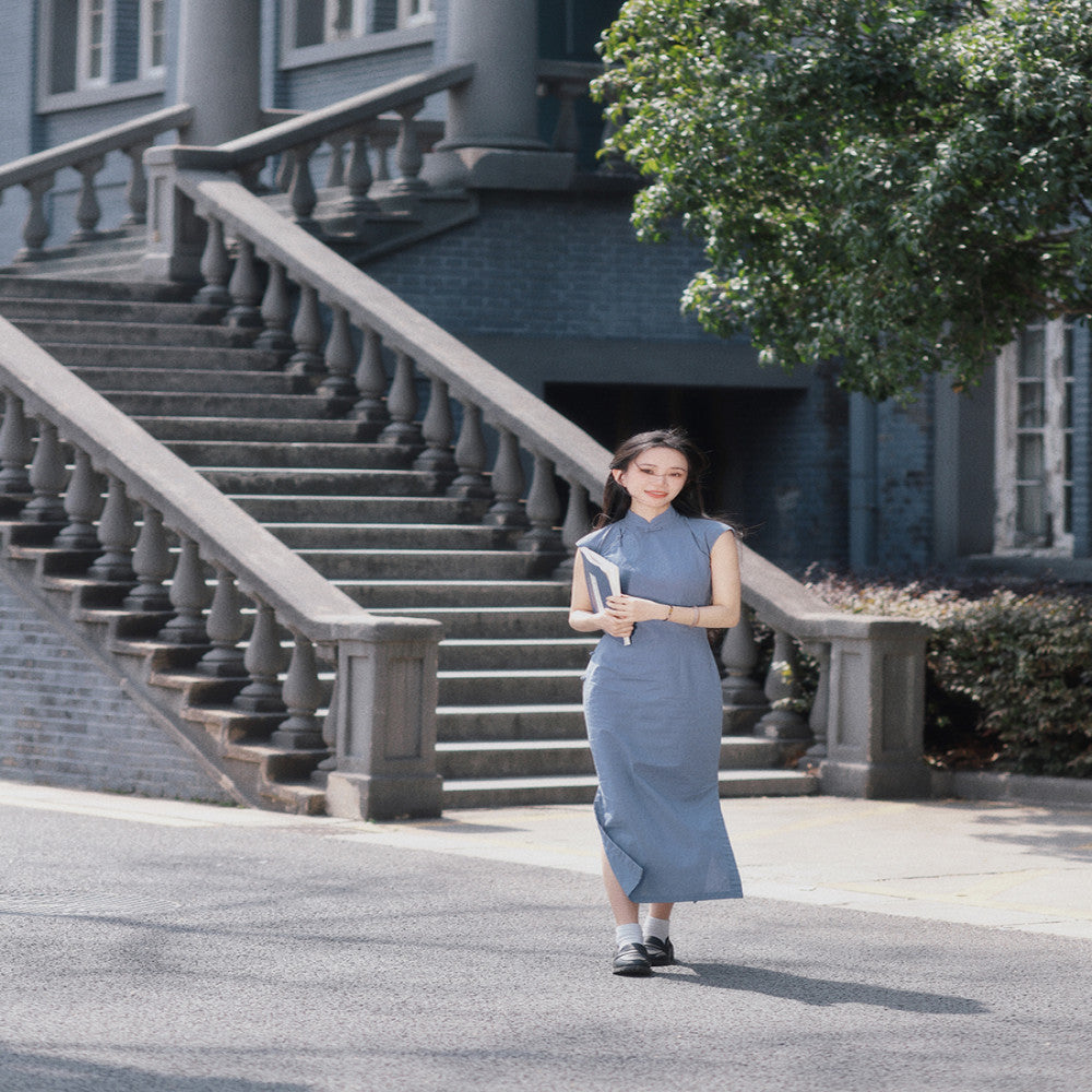 Momo Spring and Summer Small Sleeves with Semi Open Skirts Medium Length Retro Daily Solid Color Hemp Cotton Cheongsam Southwest image 2