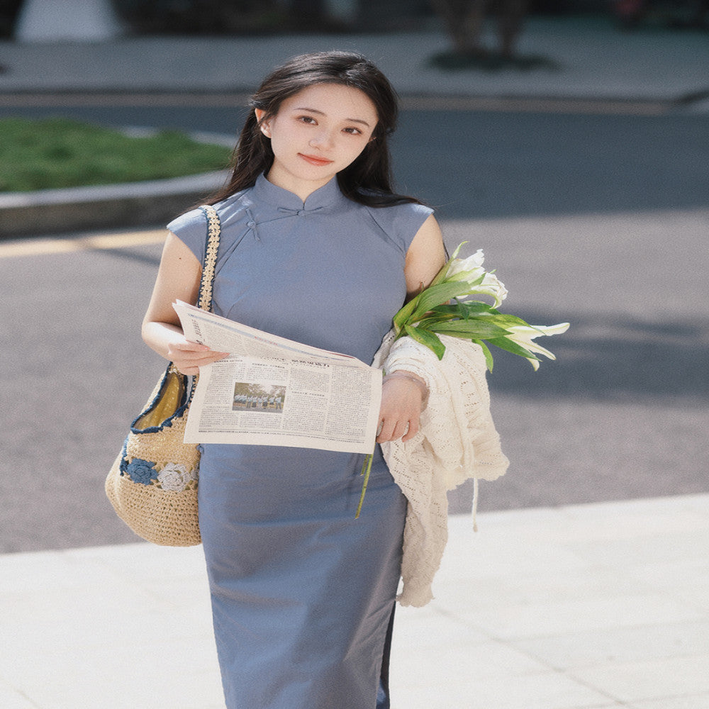 Momo Spring and Summer Small Sleeves with Semi Open Skirts Medium Length Retro Daily Solid Color Hemp Cotton Cheongsam Southwest image 3