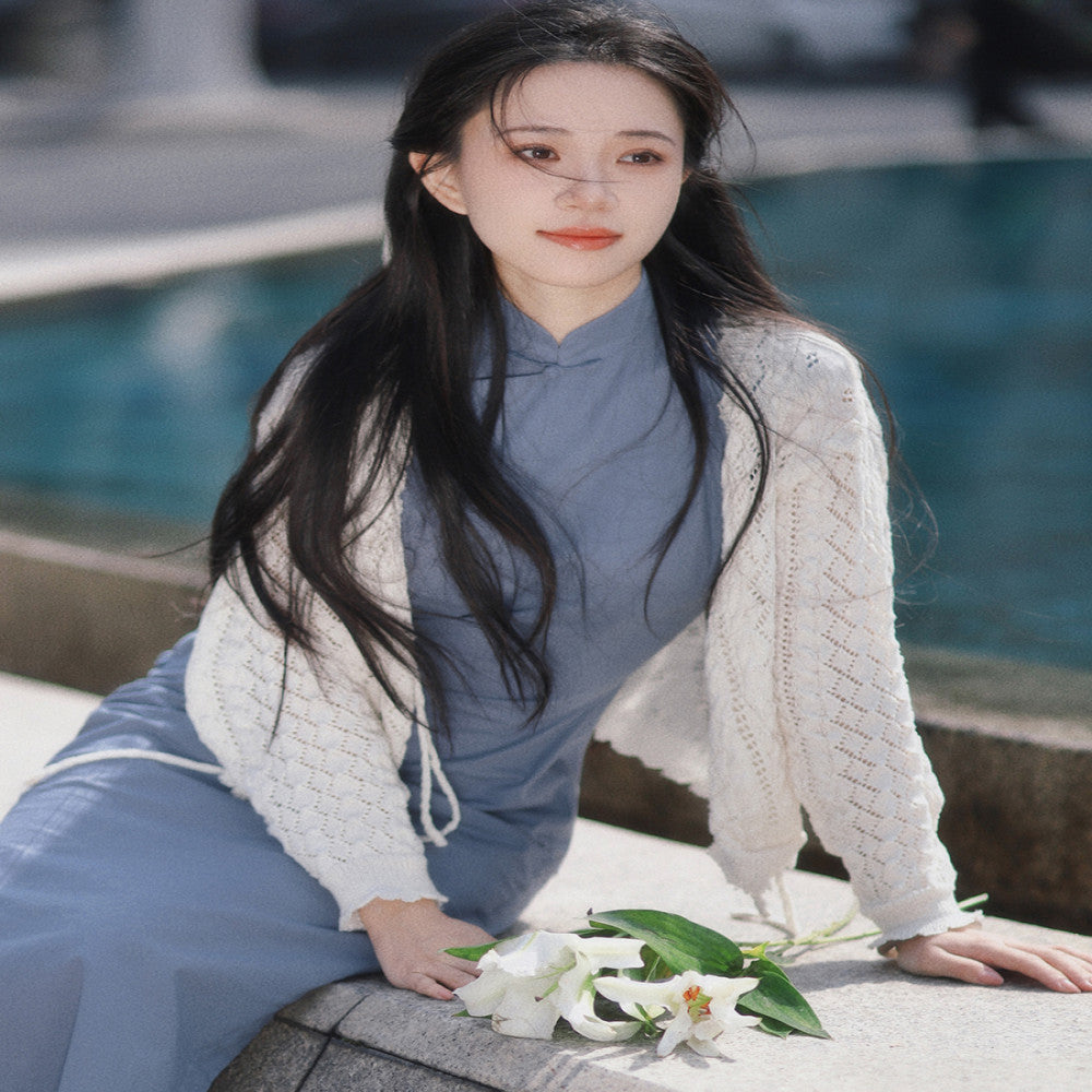 Momo Spring and Summer Small Sleeves with Semi Open Skirts Medium Length Retro Daily Solid Color Hemp Cotton Cheongsam Southwest image 4