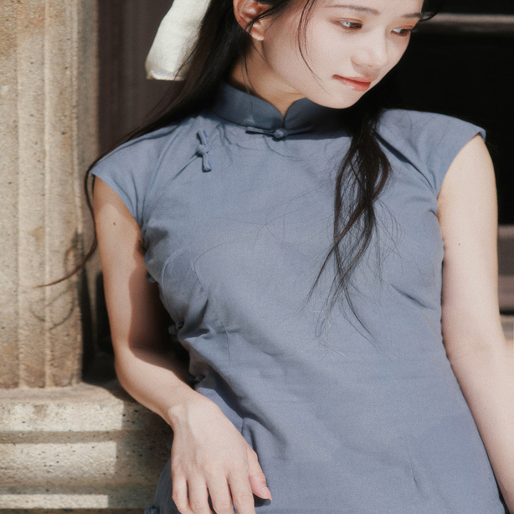 Momo Spring and Summer Small Sleeves with Semi Open Skirts Medium Length Retro Daily Solid Color Hemp Cotton Cheongsam Southwest image 5