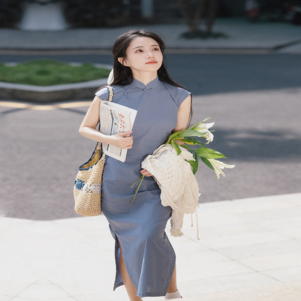 Momo Spring and Summer Small Sleeves with Semi Open Skirts Medium Length Retro Daily Solid Color Hemp Cotton Cheongsam Southwest image 32