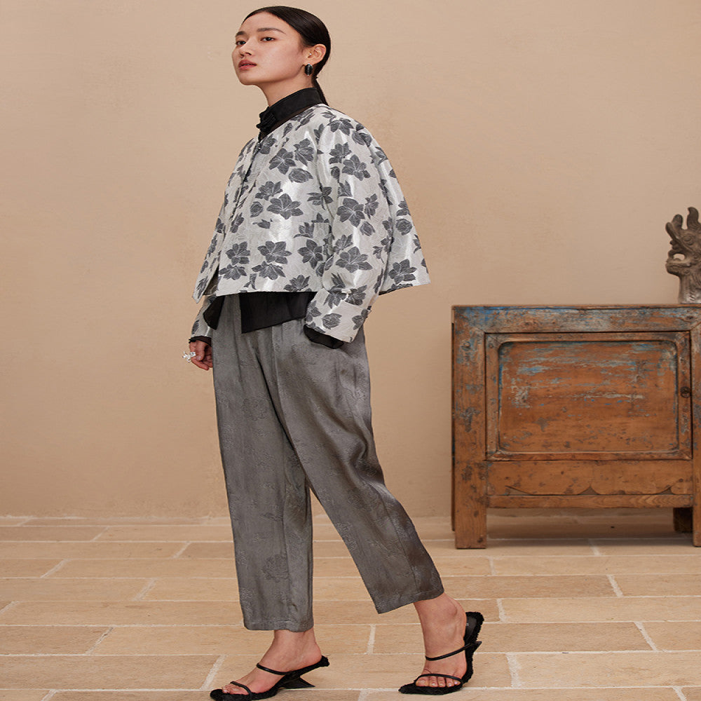 Ruyi Lianyun Spring and Autumn New Round Neck Slant Hemp Jacquard Short Coat Women s Chinese Style Retro New Chinese Style Falling Shoulder Sleeve Top image 4