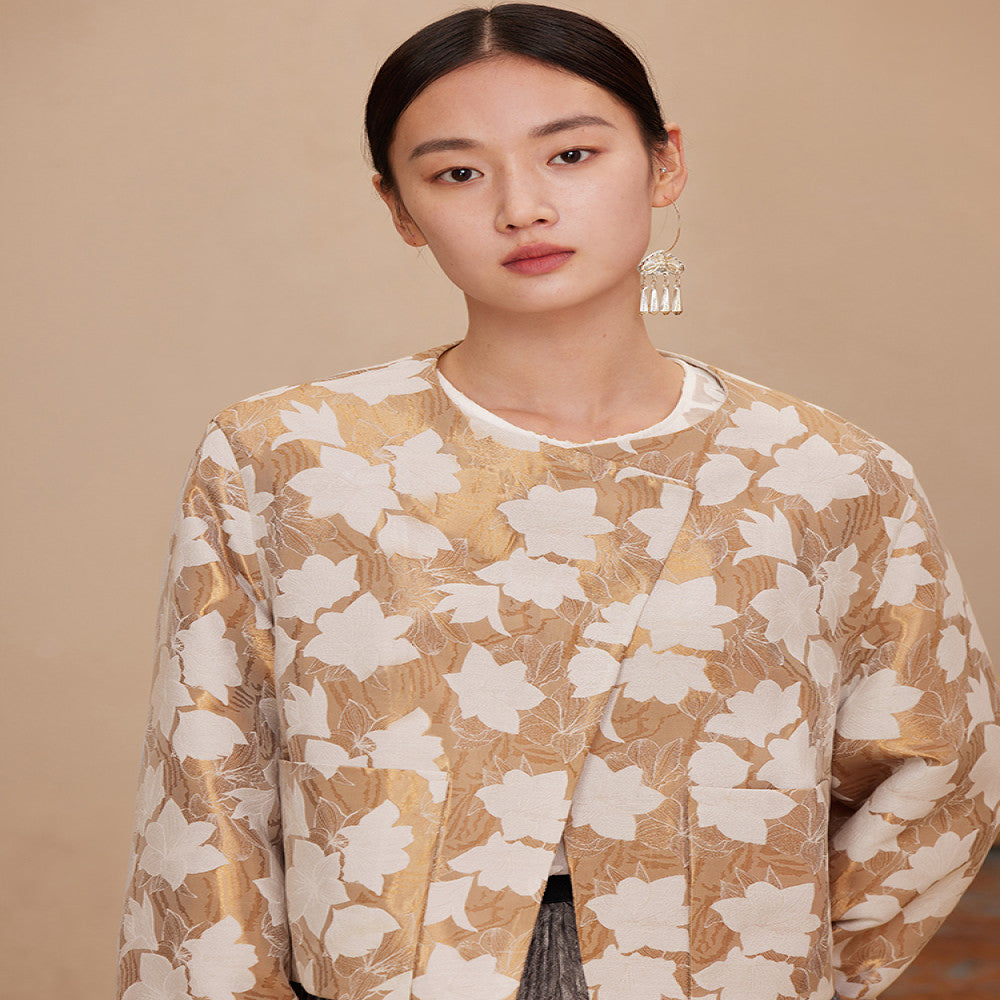 Ruyi Lianyun Spring and Autumn New Round Neck Slant Hemp Jacquard Short Coat Women s Chinese Style Retro New Chinese Style Falling Shoulder Sleeve Top image 5