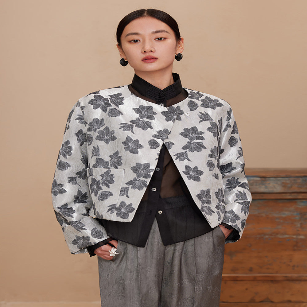 Ruyi Lianyun Spring and Autumn New Round Neck Slant Hemp Jacquard Short Coat Women s Chinese Style Retro New Chinese Style Falling Shoulder Sleeve Top image 0