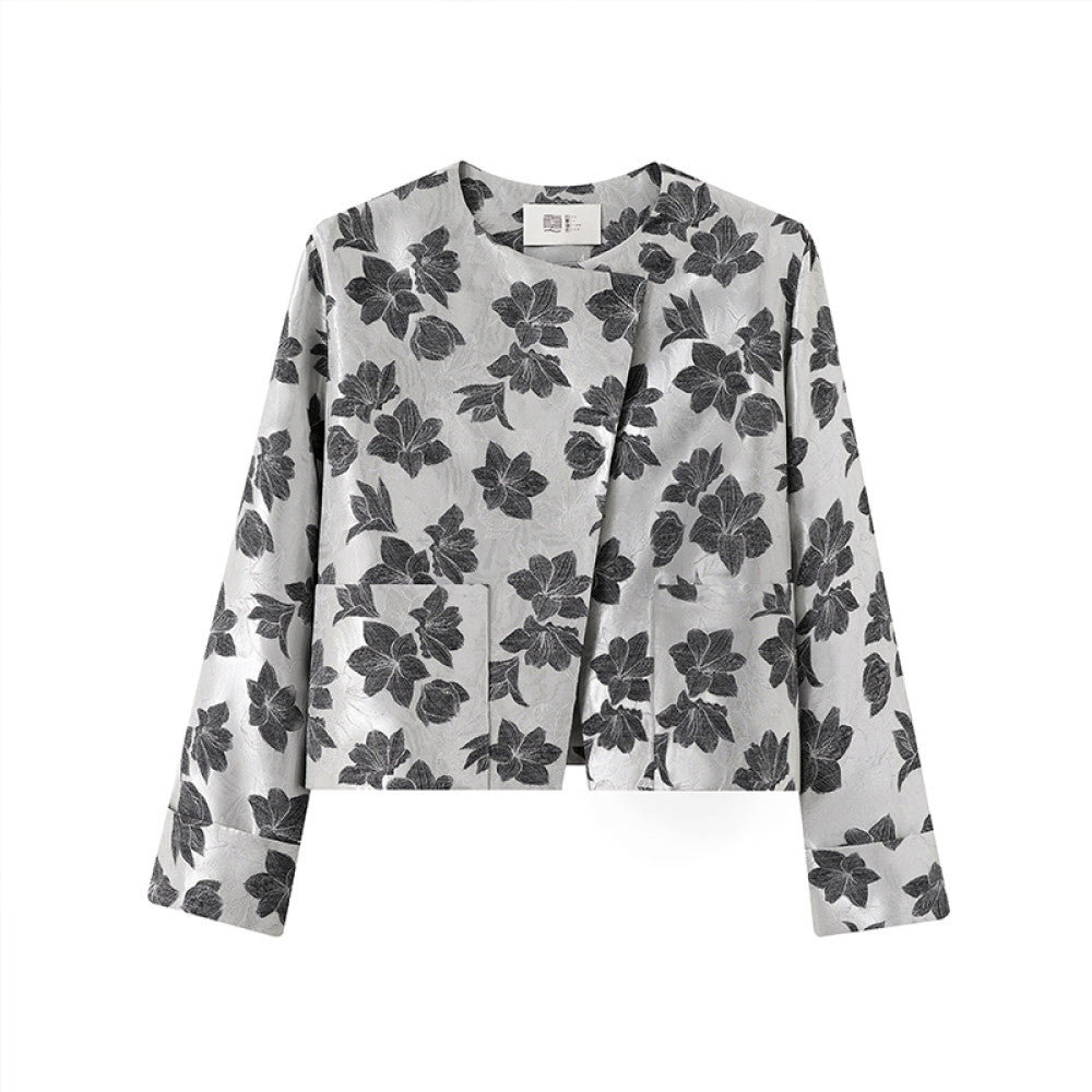 Ruyi Lianyun Spring and Autumn New Round Neck Slant Hemp Jacquard Short Coat Women s Chinese Style Retro New Chinese Style Falling Shoulder Sleeve Top image 7