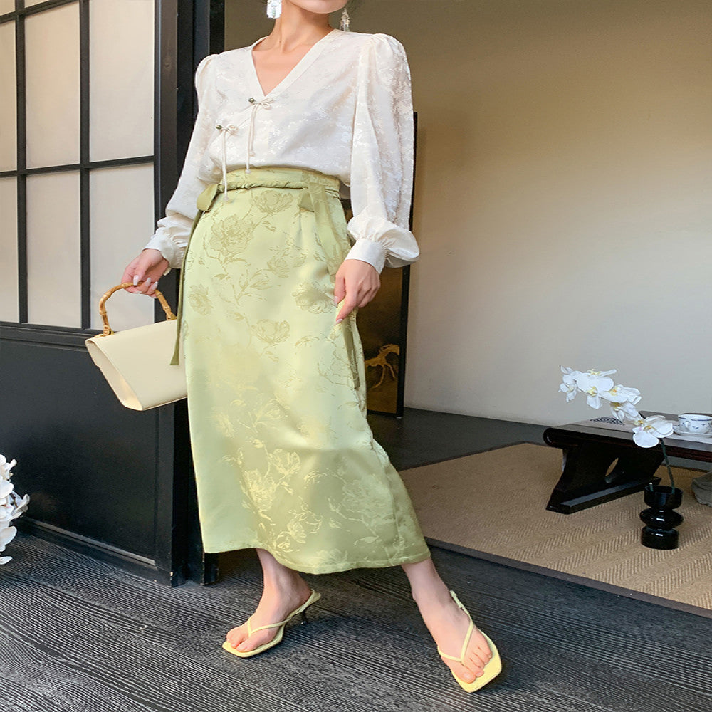 JWUNIQUE dimple green new Chinese style skirt female autumn 2025 high waist slim hip long skirt image 3